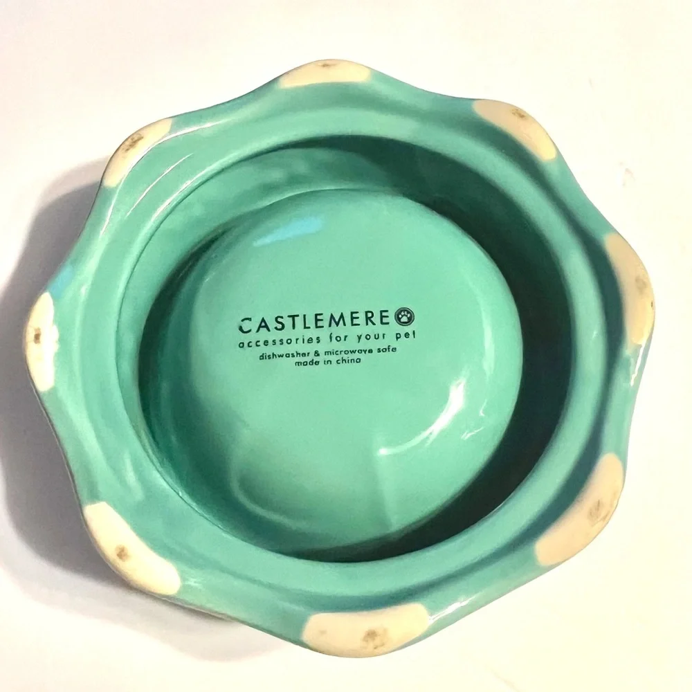 Pottery cat bowl robin egg blue fish paw prints scallop bottom unique whimsical